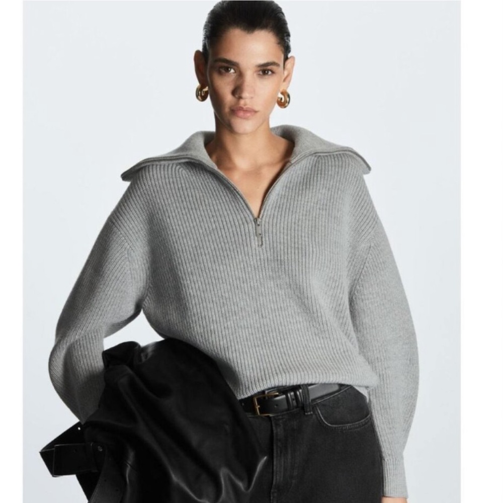 (Color Beige) COS wool and cotton blend half-zip sweater
